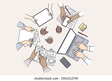 Brainstorming, teamwork, technology concept. Top view of table with different electronic devices and young freelancers having Brainstorming new ideas at meeting vector illustration 