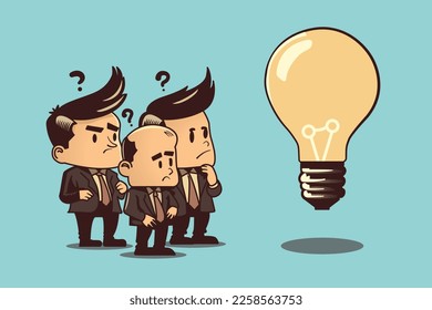 Brainstorming teamwork. Vector illustration of businessman people looking at a lightbulb with question marks above their heads. Concepts of research, problem research, thinking about solution