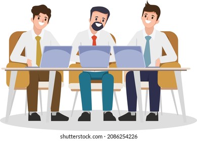 Brainstorming teamwork working with laptop character. Flat cartoon illustration vector design.