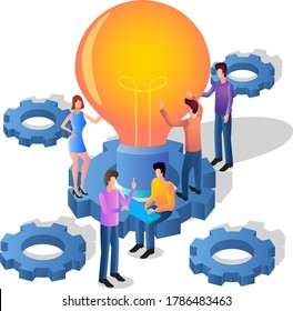 Brainstorming and teamwork.Isometric vector image of people next to a light bulb.Concept of searching for ideas and developing new technologies.Vector image.