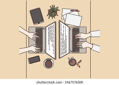 Brainstorming, technologies, teamwork concept. Top view of table with different electronic devices and young freelancers office workers having Brainstorming working at meeting vector illustration 