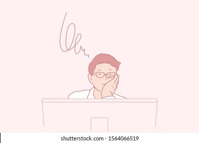 Brainstorming, thoughts, task, business concept. Young busy man, businessman worries about a new job, project. Unhappy, tired clerk guy trying to solve problems at work. Exam. Flat simple vector