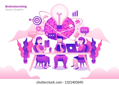 Brainstorming with three people at the table thinking there was a light - All elements on this template are editable with vector software
