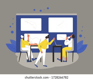Lluvia de ideas. Comerciantes. Tener una idea de negocio. Caracteres que trabajan en el pensamiento informático sobre la inversión. Ilustración vectorial de color plano.