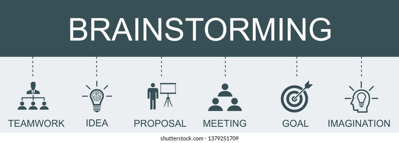 Brainstorming trendy banner concept template with simple icons. Contains such icons as teamwork, idea, goal, meeting.