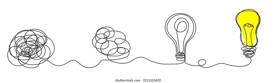 Brainstorming Vector Concept. Process Of Solving, Unleashing
Problems. Chaotic Lines And Doodles Turn Into Light Bulb. Steps From Complex Problem To Simple Business Solution.  