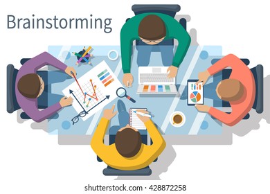 Brainstorming, vector flat design. Business meeting. Teamwork on planning planning strategy, analysis, marketing research, presentation, financial management. Group diversity people.