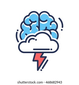 Brainstorming vector flat design single isolated icon, pictogram. Brain with cloud and flashlight