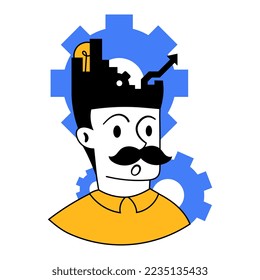 Brainstorming. Vector illustration. Employee working on creating business ideas and strategies. Challenges. Concept of business, career development, innovative business approach. Art design