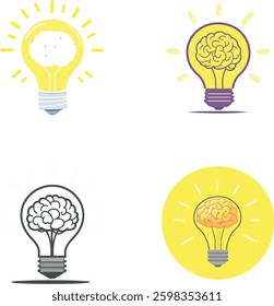 Brainstorming Vector Illustration: Light Bulb with Brain Icons.