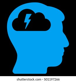 Brainstorming vector pictogram. Style is flat graphic symbol, blue color, black background.