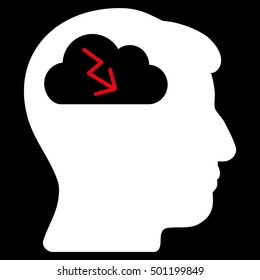 Brainstorming vector pictogram. Style is flat graphic bicolor symbol, red and white colors, black background.