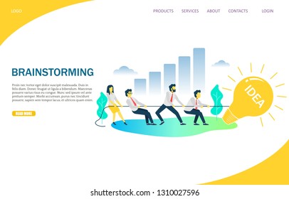 Brainstorming vector website template, web page and landing page design for website and mobile site development. Business team pulling lightbulb on rope. Business idea brainstorm and solution concept.