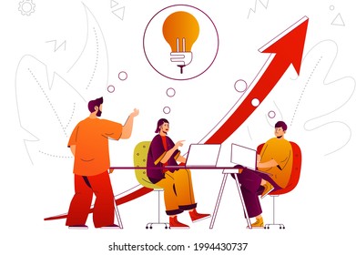 Brainstorming web concept. Team discusses, create ideas and development strategy. People scene with flat line characters design for website. Vector illustration for social media promotional materials