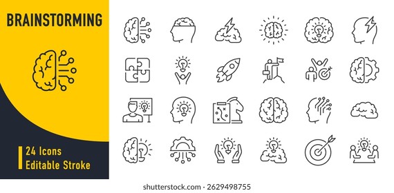 Iconos web de lluvia de ideas en estilo de línea. Cerebro, idea, inteligente, creatividad, destreza, colección. Ilustración vectorial.