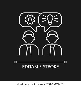 Brainstorming white linear icon for dark theme. Generating ideas and solutions in team. Brainstorm. Thin line customizable illustration. Isolated vector contour symbol for night mode. Editable stroke