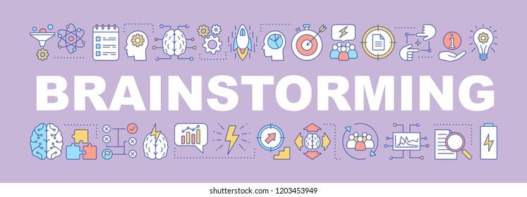 Brainstorming word concepts banner. Thinking process. Presentation, website. Solution searching. Strategic planning. Isolated lettering typography idea with linear icons. Vector outline illustration
