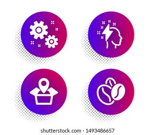 Brainstorming, Work and Package location icons simple set. Halftone dots button. Coffee beans sign. Lightning bolt, Settings, Delivery tracking. Roasted seeds. Business set. Vector