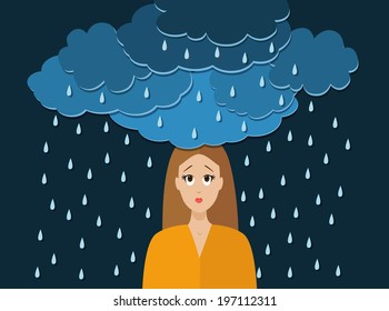 Brainstorming. A young woman and dark clouds above her head. Bad mood, depressive thoughts. Rain, bad weather. Ideas. 