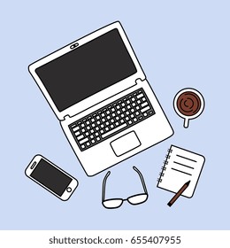brainstorming.hand drawn flat design workspace showing a notebook, smartphone, a cup of coffee, pencil, and glasses. 