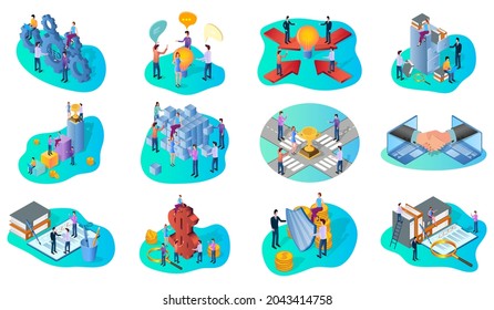 Brainstorming,office work, team,secure payments, business negotiations,financial investments.A set of isometric icons vector illustrations on the topic of business and technology.
