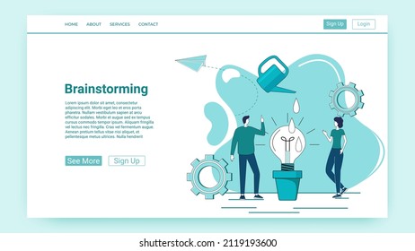Brainstorming.People confer and come up with new business ideas.startup and new projects.An illustration in the style of a green landing page.