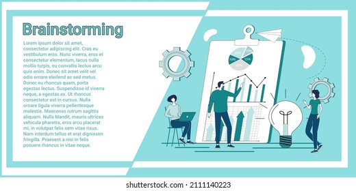 Brainstorming.People on the background of a list of completed tasks and electollamps.Creating new projects.An illustration in the style of a green landing page.