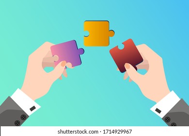 Brainstorming.Teamwork.Two hands collect puzzles.Concept of searching for ideas.Flat vector illustration.