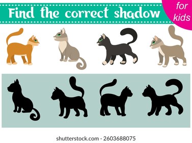 Brainteaser for kids. Cute kittens. Find the correct shadow. Educational cards. Activity for preschoolers and toddlers. 
