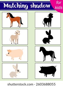 Brainteaser for kids.  Educational cards. Farm animals. Horse, calf, pig and rabbit. Find the correct shadow. Activity for preschoolers and toddlers. 