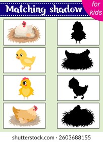 Brainteaser for kids.  Educational cards. Farm animals. Hen, chicken and duckling. Find the correct shadow. Activity for preschoolers and toddlers.