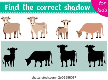 Brainteaser for kids. Farm animals. Bull, cow and calf. Find the correct shadow. Educational cards. Activity for preschoolers and toddlers.