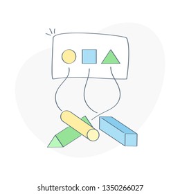 Brainteaser, logic game, solving a logical problem, different form blocks needed put into geometrical holes. Guide, FAQ, test, error and correct execution, solution concept. Flat outline vector