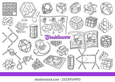 Brainteasers and jigsaw for children games and development of intelligence or logical thinking in kids. Brainteasers inscription near crosswords or puzzles and educational wooden toys. Hand drawn.