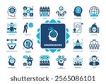Brainwashing icon set. Totalitarian Regime, Control, Governance, Propaganda, Public Opinion, Politics, Fake, Society. Duotone color solid icons