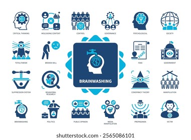 Brainwashing icon set. Totalitarian Regime, Control, Governance, Propaganda, Public Opinion, Politics, Fake, Society. Duotone color solid icons