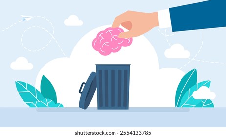 Brainwashing and internet propaganda. The brain is in the garbage can. Mind in the dustbin. Brain power, idea, knowledge. Delete, throw away, forget, erase. Business concept. Vector illustration