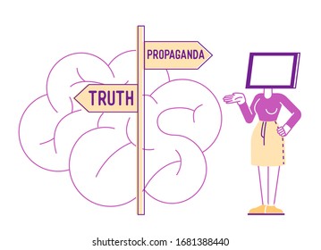 Brainwashing Mass Media Manipulation Concept. Female Character with Tv Screen instead of Head Stand on Roadsign with Truth and Propaganda Pointers front of Huge Human Brain. Linear Vector Illustration