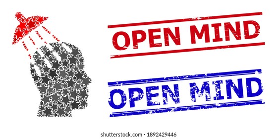 Brainwashing star pattern and grunge Open Mind seal stamps. Red and blue stamps with grunge style and Open Mind caption. Abstract brainwashing concept is combined with random flat star elements.