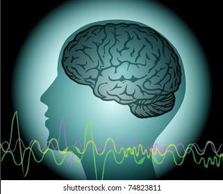 Brainwave, human head with brain and wve lines