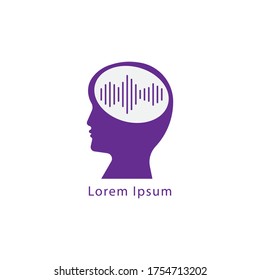 Brainwave logo flat design template. Silhouette of people head with pulse wave signal logo concept. purple color theme. Isolated on white background