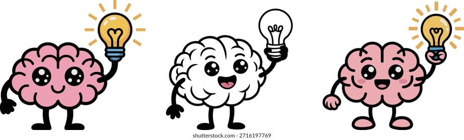 Brainy cartoon characters holding light bulbs represent idea and innovation. Perfect for design and illustration projects needing brainstorm art.