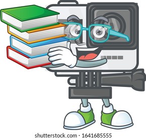 A brainy clever cartoon character of action camera studying with some books