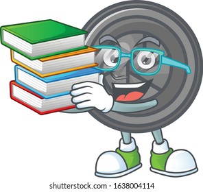 A brainy clever cartoon character of camera lens studying with some books