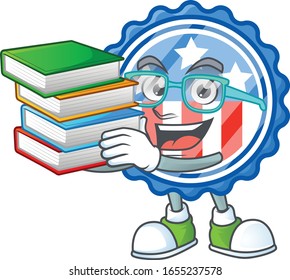 A brainy clever cartoon character of circle badges USA with star studying with some books
