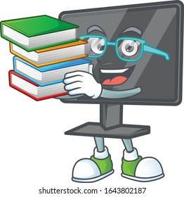 A brainy clever cartoon character of computer screen studying with some books