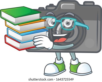A brainy clever cartoon character of digital camera studying with some books