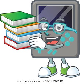 A brainy clever cartoon character of game console studying with some books