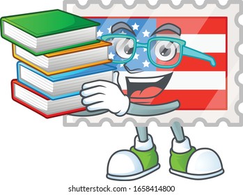 A brainy clever cartoon character of independence day stamp studying with some books