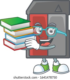 A brainy clever cartoon character of memory card studying with some books